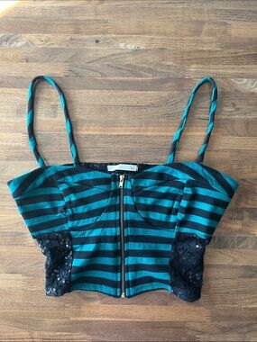Teal & Black Striped Zip-Front Bustier Crop Top